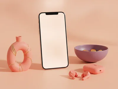 Şeftali zeminde ekranı parlayan telefon ve mercan kulaklık